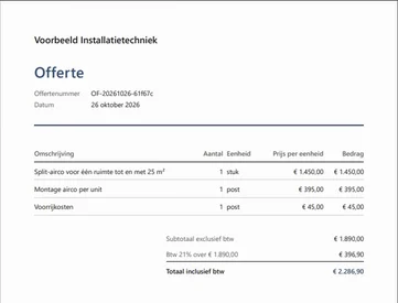 De PDF-offerte van het fictieve bedrijf Voorbeeld Installatietechniek.